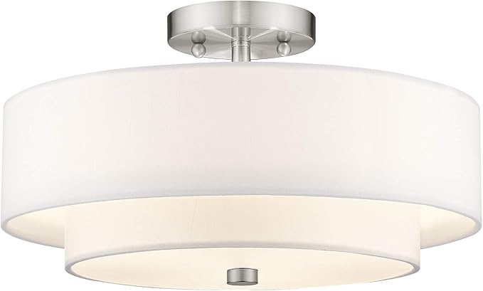 Livex Lighting 51044-91 Brushed Nickel Flush Mount with Off-White Fabric Hardback Shade