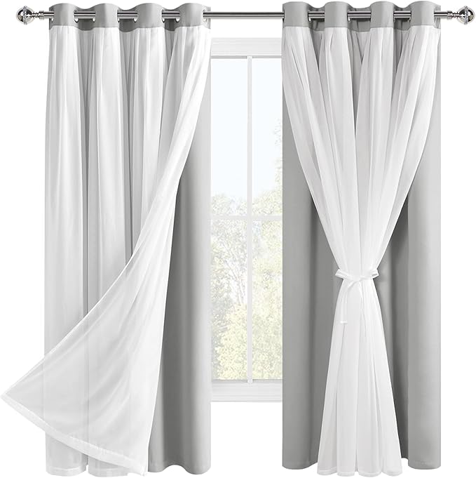 Hiasan Blackout Curtains with Sheer Overlay, Thermal Insulated Privacy Double Layer Mix & Match Window Curtains for Girls Bedroom, Living Room, 2 Drape Panels with Tiebacks, Silver Grey, 52W X 63L