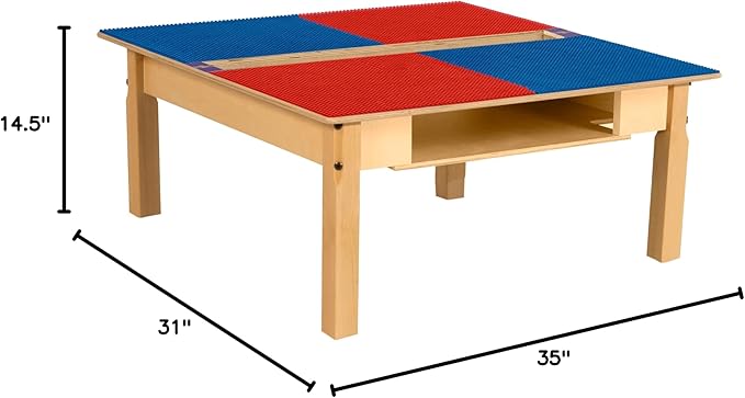 Time-2-Play Kids Montessori Lego Compatible Blocks Table with 35" Square Red and Blue Hardwood Table Top and Trough with Shelf, Children's Solid Wood Playroom Desk [14" Long Legs]