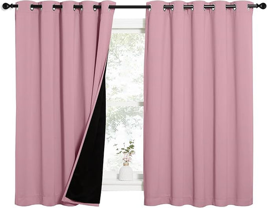 NICETOWN 100% Blackout Curtains with Black Liners, Thermal Insulated Full Blackout 2-Layer Lined Drapes, Energy Efficiency Window Draperies for Bedroom (Crystal Pink, 2 Panels, 62-inch W by 63-inch L)