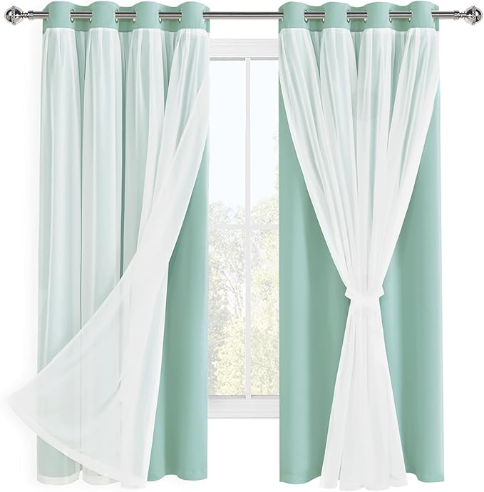 Hiasan Blackout Curtains with Sheer Overlay, Grommet Thermal Insulated Privacy Mix and Match Double Layer Window Curtains for Bedroom, Living Room, 2 Drape Panels with Tiebacks, Aqua, 52W X 63L