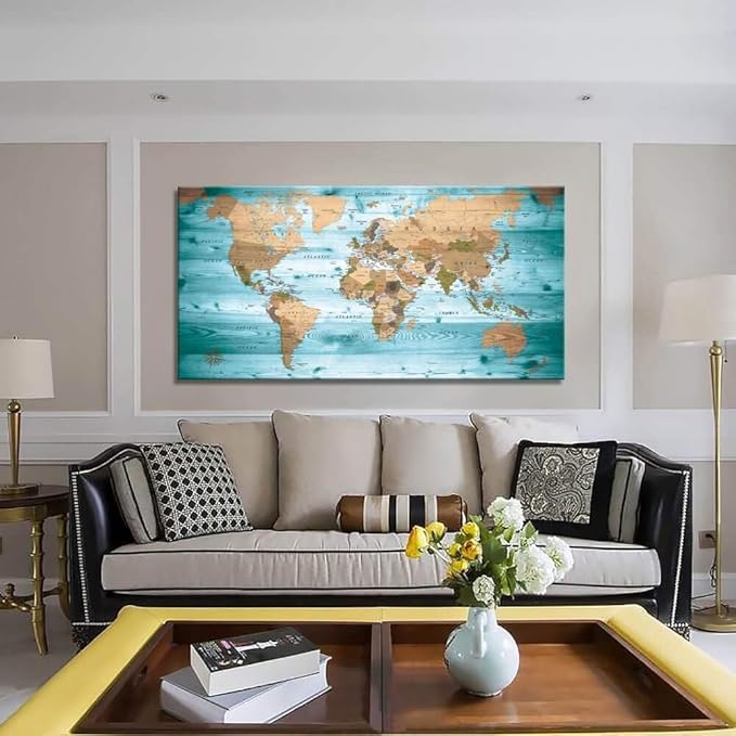 Large Wall Art Blue map of The World Painting Ready to Hang 36"x70"Large Framed Wall Art World Map Canvas Map Decorations Artwork Prints