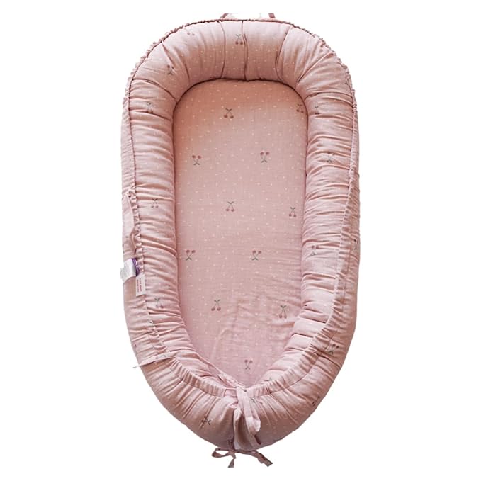 Infant Lounger, Baby Nest Cover for Baby Girls & Boys, Newborn Essentials for Baby 0-12 Months, 100% Cotton Breathable (Cherry_Muslin)