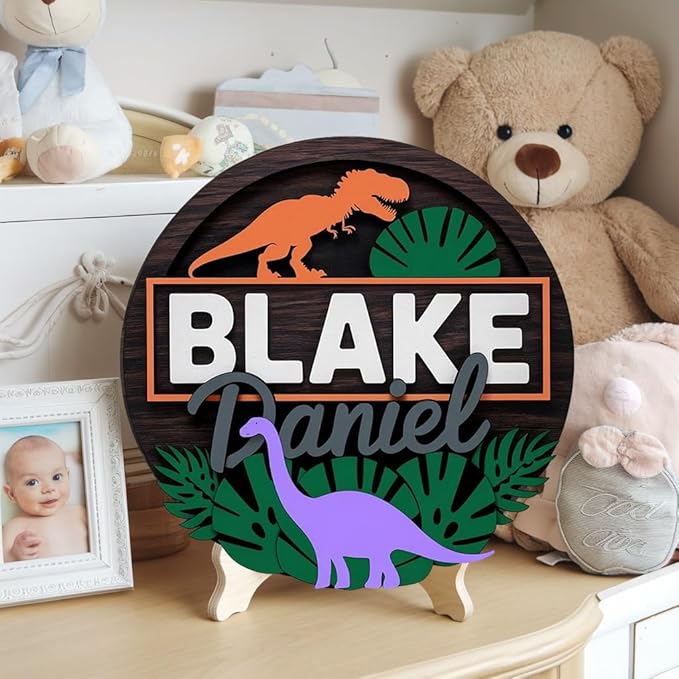 Personalized Baby Name Signs for Nursery, Dinosaur Sign for Baby Door Decor, Newborn Gifts for Boy, Boys Nursery Wall Bedroom Decorations, Mother's Day Gifts for New Mom Dad Gift