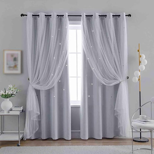 Anytime Romantic Kids Curtain,Hollow-Out Stars Window Curtain Double Layer Blackout Curtains for Girls Bedroom Kids Room 2Panel,(W52 x L95,Greyish White)