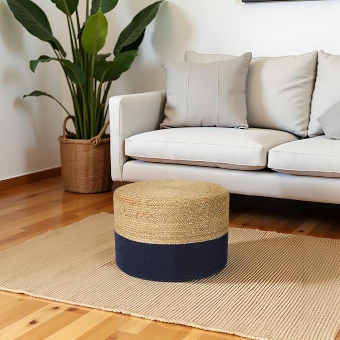 REDEARTH · Cylindrical Pouf Foot Stool Ottoman - Jute Braided Pouffe Poof Accent Sitting Footrest for Living Room, Bedroom, Nursery, Patio, Lounge & Other Rooms (Navy Natural, 18"X18"X14")