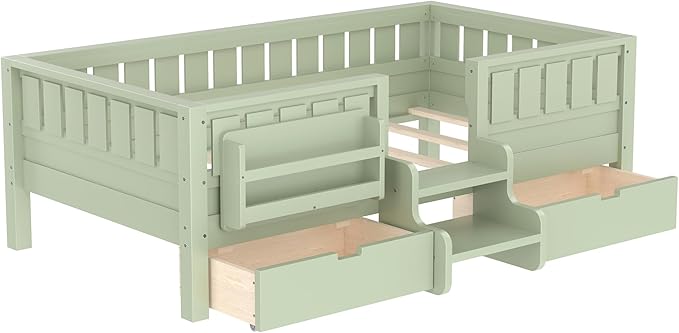 Bellemave Twin Bed with Slats and Stairs, Twin Size Platform Bed Frame with Fence, Bookshelf and Storage Drawers, Easy Assemble Beds for Kids, Girls, Boys, Green
