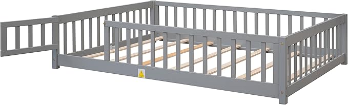 Full Size Montessori Floor Bed Frame with Convertible Door & Wood Slats for Kids,Wood Montessori Bed with Safety Guardrails for Girls & Boys,Grey