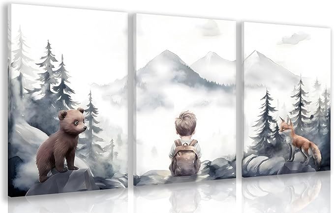 Cyebmo Framed Woodland Boy Nursery Wall Art Set of 3, Whimsical Boy Adventure Wall Decor, Mountain Forest Animal Bear Fox Wrapped Canvas Artwork for Classroom Kids Room Baby Nursery 16"x24"x3