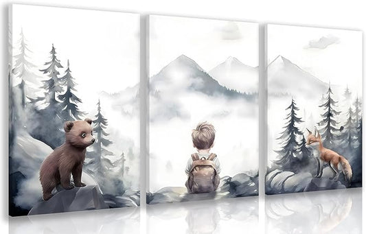 Cyebmo Framed Woodland Boy Nursery Wall Art Set of 3, Whimsical Boy Adventure Wall Decor, Mountain Forest Animal Bear Fox Wrapped Canvas Artwork for Classroom Kids Room Baby Nursery 12"x16"x3