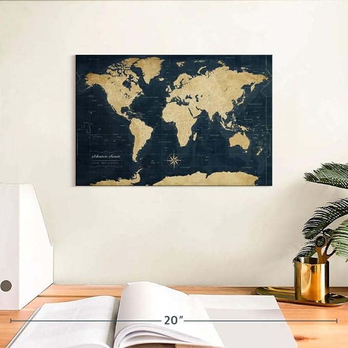 ElephantStock - Adventure Awaits World Map With Push Pins Wall Art - Horizontal Canvas Wall Art - Living Room Wall Decor - Digital Art Map Canvas Art - Gold And Blue Decor - 12" x 8"