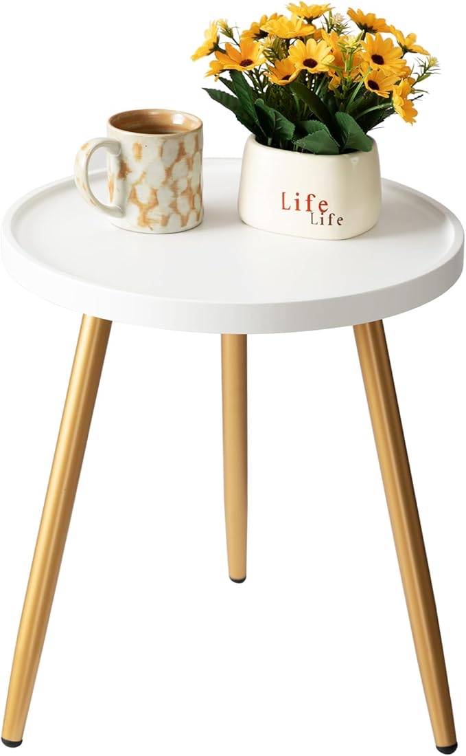 danpinera Nursery Side Table, Metal Legged Mini Table with Wooden Tray, Small Round End Table for Living Room, Bedroom, Nursery, White & Gold