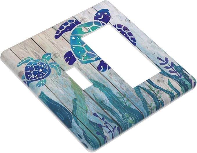 Sea Turtle Grass Seaweed on Rustic Wooden Board 2 Gang Light Switch Cover Decorative Combination Wall Plate Ocean Grass Seaweed Single Toggle Rocker Electrical Faceplate for Kitchen Home Decor