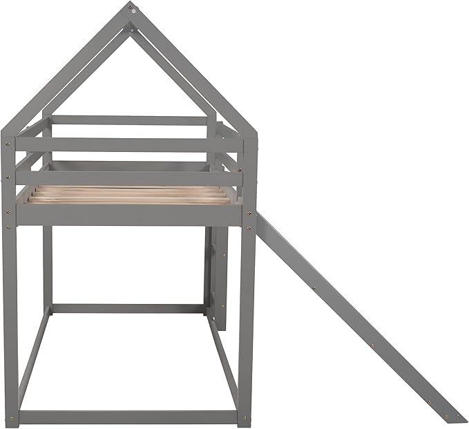 MERITLINE House Shaped Bunk Bed Twin Over Twin Size Wood Bunk Bed with Slide Low Bunk Beds for Boys and Girls, Twin Size, Grey