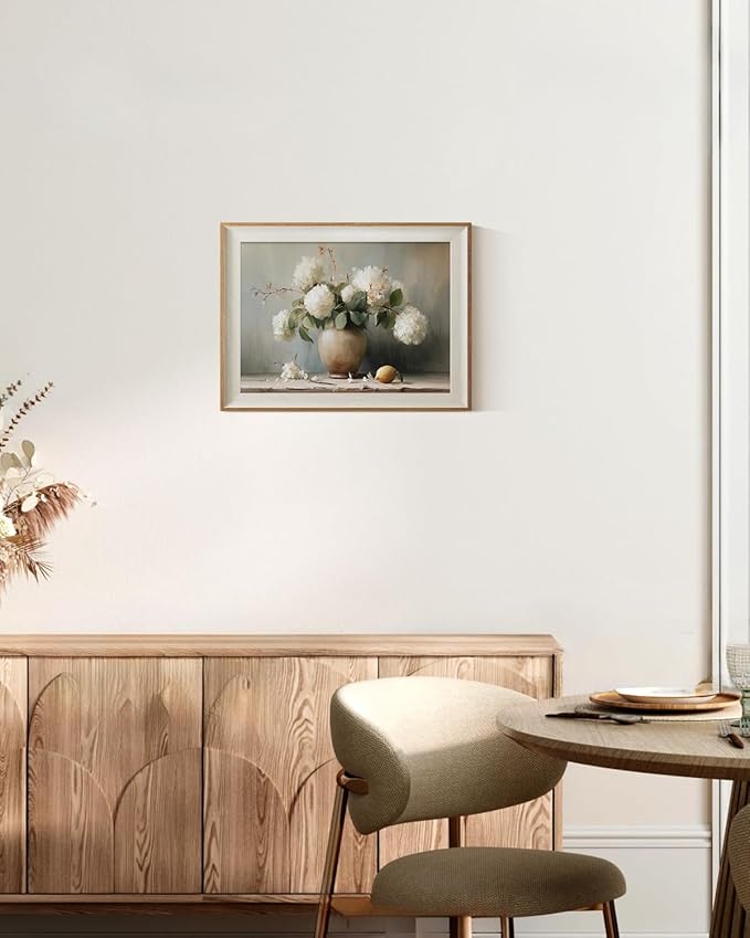 ARPEOTCY Framed Canvas Wall Art, 12x16 Inch Vintage White Hydrangea Flower Oil Painting, Rustic Still Life Floral Wall Decor for Kitchen, Dining Room, Bedroom, or Living Room