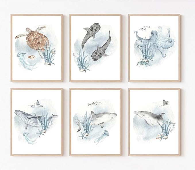 Wodkwq Nursery Wall Art Sea Animal Canvas Prints Baby Girl Boy Room Decor Watercolor Paintings Pictures Cute Ocean Theme Toddler Room Decoration Set of 6 for Kids Bedroom Bathroom 12x16in Unframed