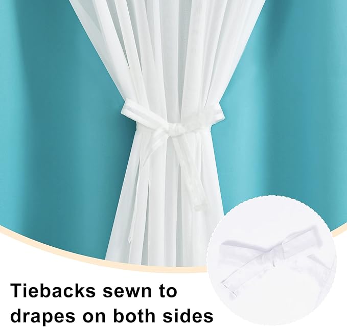 Hiasan Blackout Curtains with Sheer Overlay, Thermal Insulated Privacy Mix & Match Double Layer Window Curtains for Girls Bedroom, Living Room, 2 Drape Panels with Tiebacks, Turquoise, 52W X 63L