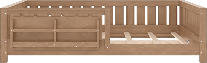 Bellemave Full Size Floor Bed with high Rails and with Built-in Bookshelf for Kids, Girls, Boys, Wood Montessori Floor Bed Without Door, Natural