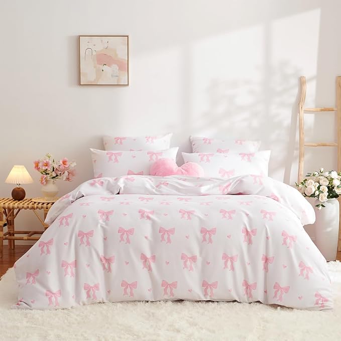 Bow Bedding Duvet Cover Full 3Pcs Pink Heart Bedding Set for Girls Kids,Cute Princess Style Bowknot Love Heart Design,Ultra Soft Comforter Cover with 2 Pillowcases(No Comforter)