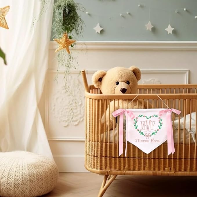 EMBROIDERED Name Baby Banner, Baby Flag with Monogram Name, Personalized Baby Name Sign, Customizable Baby Name, Baby Announcement Sign for Hospital (11)