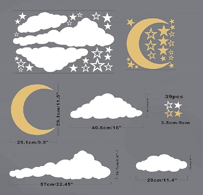 Removable Creative 3D Vinyl White Clouds Moon and Stars Wall Decals DIY Home Wall Art Decor Wall Stickers for Kids Baby Children Boy and Girls Rooms Bedroom Living Room Playroom Decoration (White)