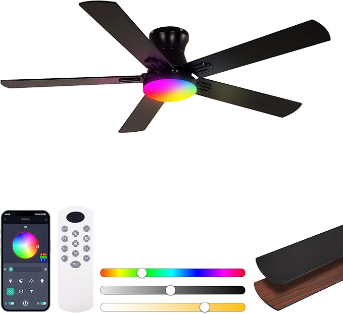 52 Inch Ceiling Fans with Lights, RGB Ceiling Fan with Remote and App,Flush Mount Low Profile, Dimmable 35W LED, Reversible, Smart Ceiling Fan for Bedroom Nursery Living Room Apartment,Black