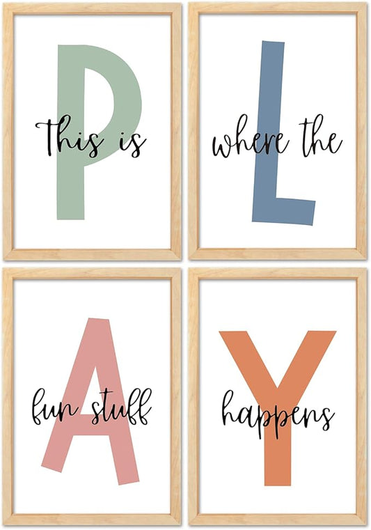 Surfapans Nursery Playroom Wall Decor 16"×11" Set of 4 This Is Where The Fun Stuff Happens sign Wooden Framed for Children's Room Wall Hanging Art (Wood)