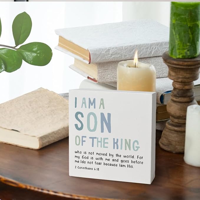 Boy Nursery Decor, I Am A Son of The King Wooden Box Block Sign, Bible Verse Sign, 2 Corinthians 6:18 Scripture Decor for Home Baby Boy Room Nursery, 5x5