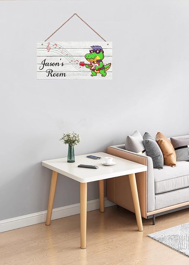 Personalized Signs Cute Dinosaur Playing Guitar Sign For Kids Room Custom Name Door Wall Decor For Girls Room Floral Nursery Art Plate For Boys Bedroom Little Man Cave