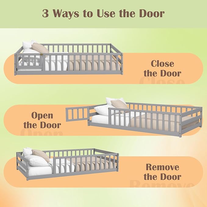 Giantex Twin Floor Bed with Door & Fence, Kids Wood Montessori Beds with Safety Guardrails, Floor Bed Frame for Kids, Boys, Girls, No Box Spring Needed, Floor Bed Twin (Grey)