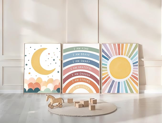 KBIERQN 3Pcs Boho Sun moon Wall Art Nursery Positive Affirmations Rainbow Poster Prints Bohemian Star Heart Canvas Picture for Toddler Baby Girls Room Playroom Bedroom Wall Decor 16x24in Unframed