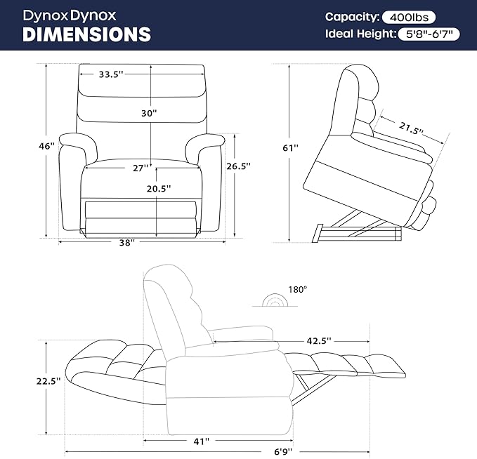 DYNOX 400 LBS Big Tall Man Large-Wide Power Dual Motor Lift Recliners Chairs for Elderly, Lay Flat Lift Chair with Infinite Positions, Heat & Massage, Extended Footrest (9298L,Chenille,Blue)