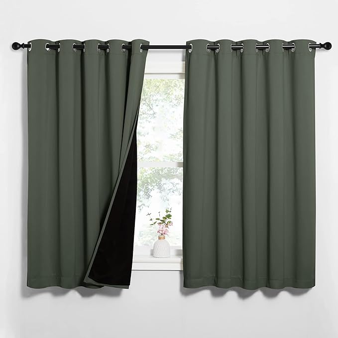 NICETOWN Dark Mallard 100% Blackout Lined Curtains, 2 Thick Layers Completely Blackout Window Treatment Thermal Insulated Drapes for Kitchen/Bedroom (1 Pair, 62" Width x 63" Length Each Panel)