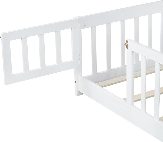 Bellemave Twin Size Floor Bed for Kids, Girls, Boys, Rubber Wood Floor Bed with slats and Door, White