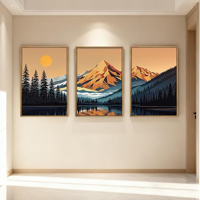 IARTTOP Large Mountain Framed Canvas Wall Art 16x24 Inch Abstract Mountain Landscape Wall Decor Set of 3 Modern Nature Scenery Art Prints for Living Room Bedroom Office