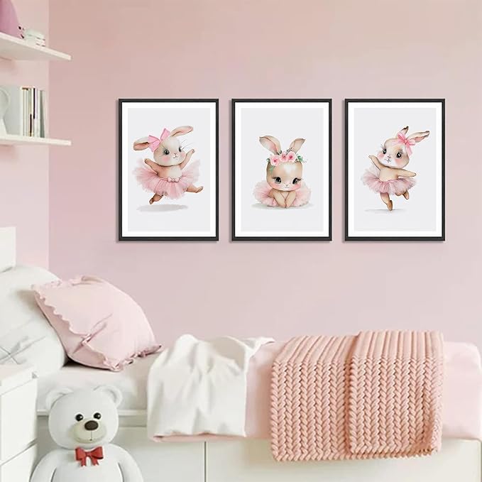 3 Pcs Pink Bunny Wall Art for Nursery Baby Room Cute Posters Prints Wall Decor Pictures Pink Preppy Dress Rabbit Ballet Artwork Canvas Paintings for Girls Room Bedroom Hone Decoration Unframed