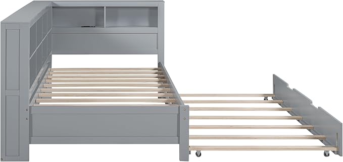 Harper & Bright Designs Twin Size Daybed with Trundle and Charging Station, Wooden Twin Storage Bed Frame with L-Shaped Bookcases, Twin Platform Bed with Shelves for Kids Girls Boys, Gray