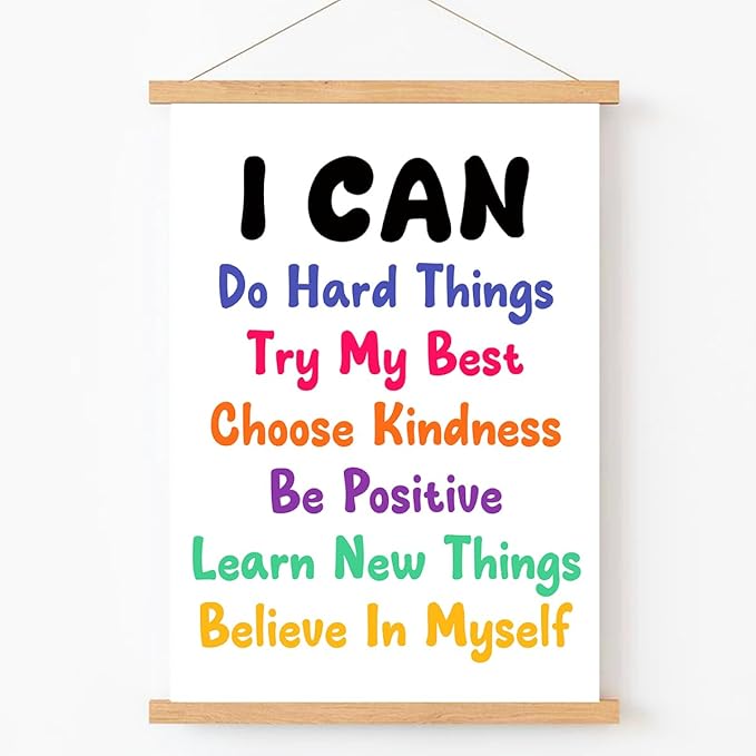 Qswo Positive Affirmations Wall Decor,I Can Do Hard Things Wall Art Poster Hanger Frame,Inspirational Hanging Canvas Wall Decor for Kids Room Nursery Classroom