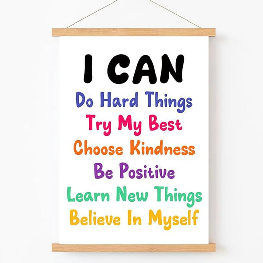 Qswo Positive Affirmations Wall Decor,I Can Do Hard Things Wall Art Poster Hanger Frame,Inspirational Hanging Canvas Wall Decor for Kids Room Nursery Classroom