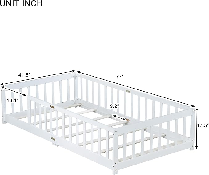 Twin Size Floor Bed for Kids, Wood Montessori Floor Beds with Fence Railings and Slats Support, Twin Playhouse Bed Frame for Boys Girls, No Box Spring Needed, White