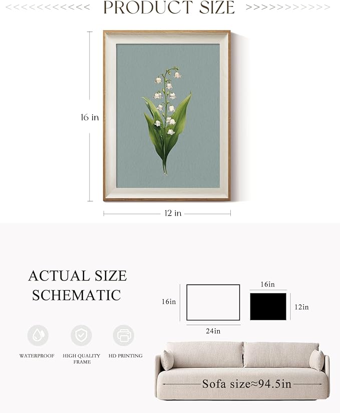 ARPEOTCY Framed Canvas Wall Art, 12x16 Inch Lily of the Valley Plant Painting, Vintage Botanical Flower Print for Bedroom, Bathroom, or Kitchen, Cottage Core Natural Wall Decor