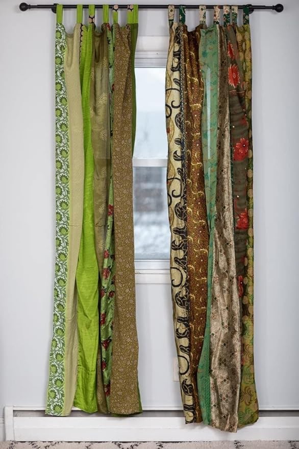 YILLE Boho Silk Sari Curtain Panel,1 Piece Vintage Handmade Lightweight Recycled Indian Silk Saree Window Drapes for Bohemian Living Room, Aesthetic Home Décor Wall Hanging - Green, 84 X 43 in