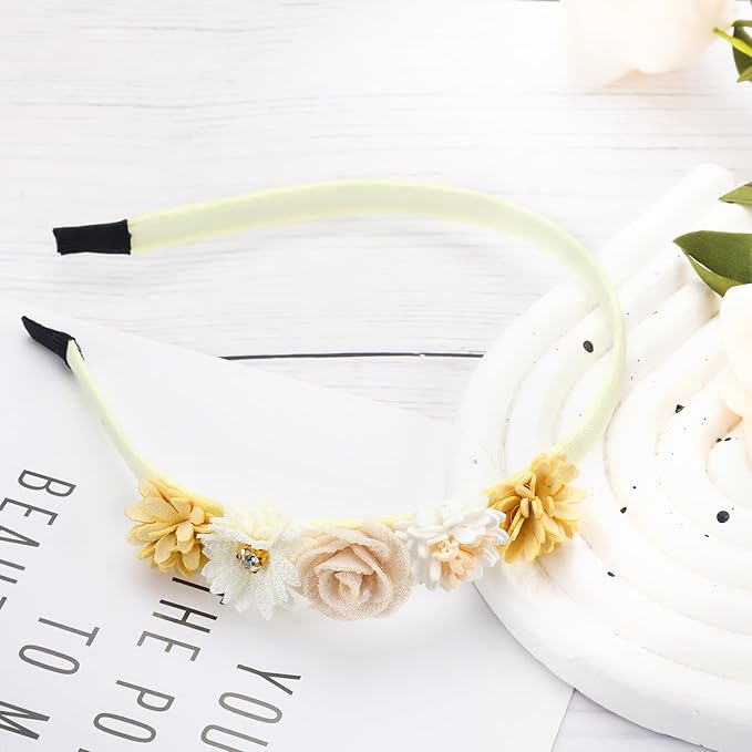 Flower Headbands for Girls Kids Toddlers Rose Floral Headpiece Non Slip Elegant Wedding Flower Crown Hairband Spring Summer Fashion Cloth Headdress Accessories for Birthday Party (Yellow)