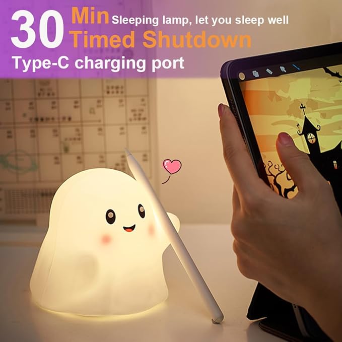 Ghost Night Light for Kids, Silicone Nursery Nightlight with 13 Interactive Sound Effects ,Halloween Decor Lamp Adjustable Dimmable Lamp with Touch Sensor Children's Christmas Gifts (white ghost 1)