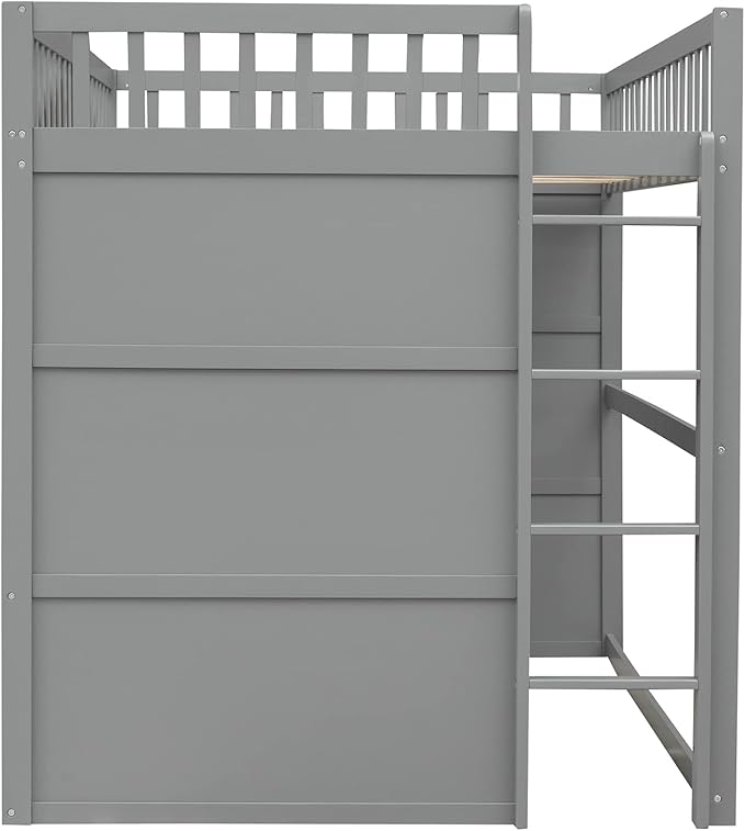 Full Size Loft Bed with Safety Guardrail for Kids Boys Girls, Playhouse Design Solid Wood Loft Bed Frame with Ladder and Windows, Strong Wood Slats Support, Space-Saving (Gray+White)