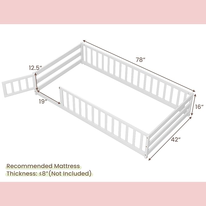Giantex Twin Floor Bed with Door & Fence, Kids Wood Montessori Beds with Safety Guardrails, Floor Bed Twin for Kids, Boys, Girls, No Box Spring Needed, White