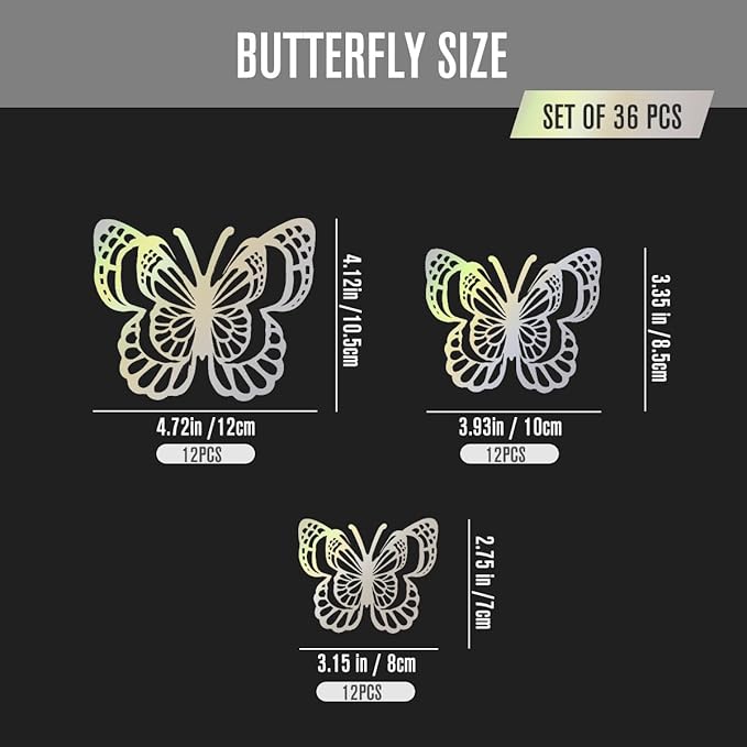 36PCS Butterfly Wall Decals - 3D Butterflies Wall Stickers Removable Mural Decor Wall Stickers Decals Home Decor Kids Room Bedroom Decor Living Room Decor (Sliver)
