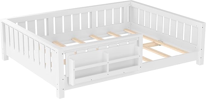 Bellemave Full Size Floor Bed with Slats and Safety Guardrail, Full Size Montessori Floor Bed with Fence and Built-in Bookshelf, Easy Assemble Montessori Beds for Kids, Girls, Boys, White