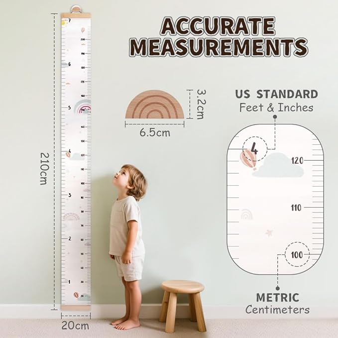 CEYAZYE Growth Chart for Wall, 7 Ft Height Chart Measurement for Kids, Waterproof Canvas Wall Tracker Ruler with Wooden Keepsake Box, Hook& Marker Pen, Neutral Nursery Room Decor Gift for Baby to Teen