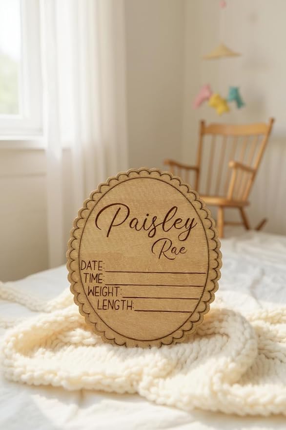 Personalized Engraved Scallop Edge Baby Stat Sign, Birth Announcement Plaque, Baby Shower - Newborn Keepsake (Stat Sign)